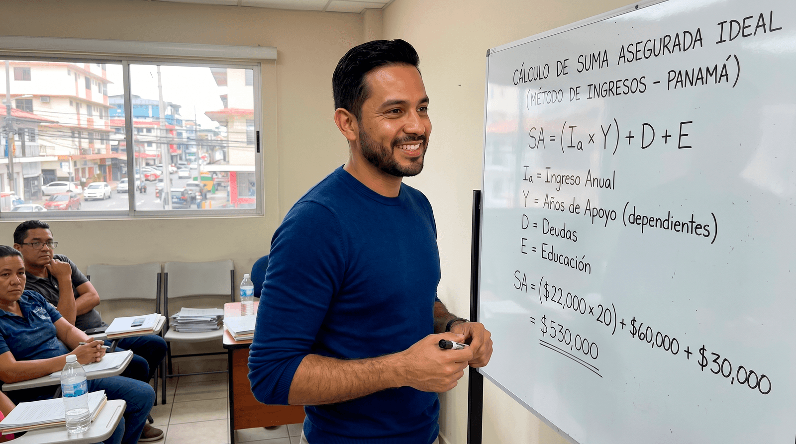 Asesor de Sancose enseñando matemáticamente cómo calcular la suma asegurada ideal para proteger a una familia en Panamá.