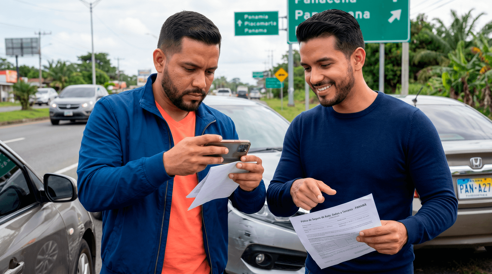 Conductores en Panamá documentando un choque menor en la vía para aplicar el seguro de daños a terceros.
