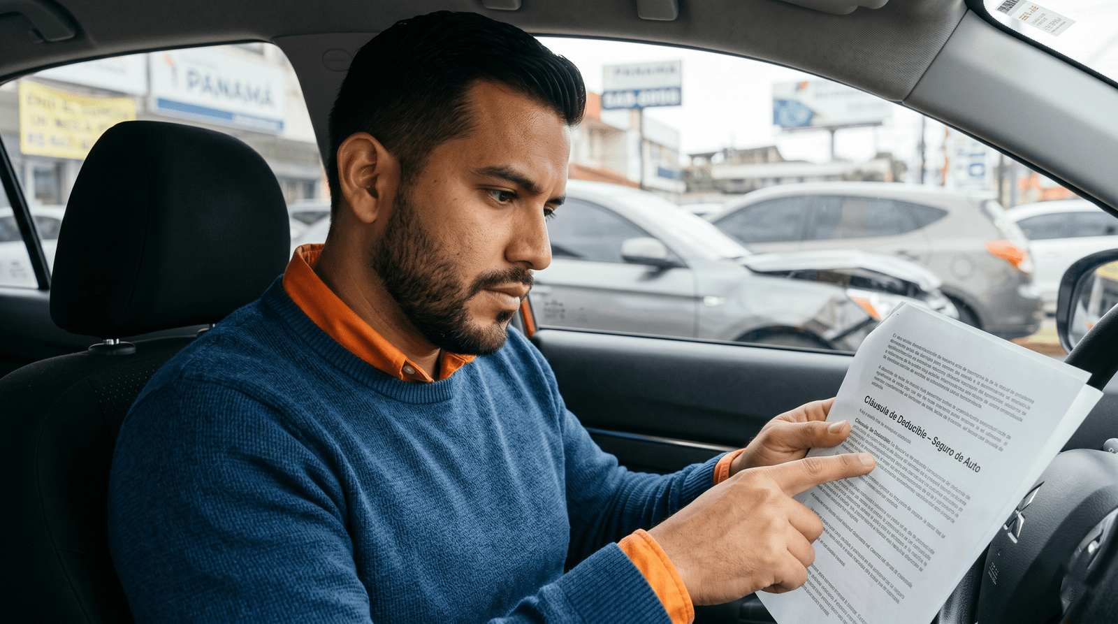 Cliente de seguros revisando el contrato para entender el deducible en seguro de auto en Panamá tras un choque.